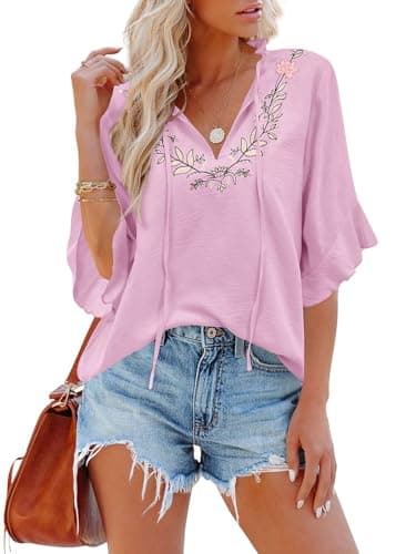 Womens Summer Tops 3 4 Sleeve Women Blouses Casual Boho Top Spring Floral Short Sleeve Shirts Vacation Pink 2XL - Image 1