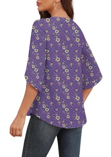 Askyes Women's Blouses Tops Summer Short Sleeve Fashion Tops for Women Flowy Chiffon T-Shirts,Purple Floral,L - Thumbnail 2