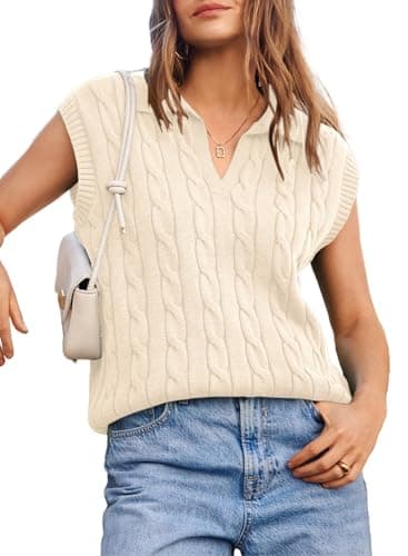 Dokotoo Sweater Vest V Neck Lapel Collar Cable Knit Women Vest Cable Knit Fall Sweaters for Women Summer Tops Beige Large - Image 1