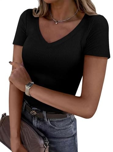 PRETTYGARDEN Women 2026 Spring Tops Trendy Ribbed Short Sleeve V Neck Fitted Basic Tee Shirts Casual Going Out Summer Outfits (Black,X-Large) - Image 1