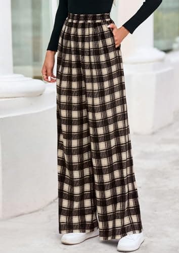 PRETTYGARDEN Casual Women's Pants 2026 Elastic Waist Palazzo Long Pajama Wide Leg Trousers Knit Fall Outfits with Pockets (Plaid Brown,Medium) - Thumbnail 3