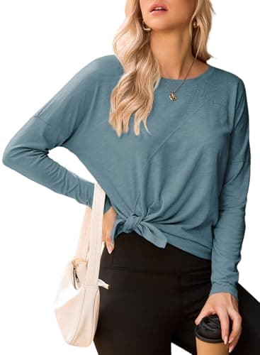 Dokotoo Women's Casual Long Sleeve T Shirt Fashion Round Neck Side Split Summer Tie Knot Basic Pullover Loose Tee Tops,Dusk Blue X-Large - Image 1