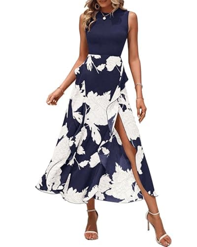 BTFBM Women Casual Sleeveless Summer Dresses 2025 Spring Crewneck Patchwork Boho Floral Ruffle Cocktail Party Midi Dress(Big Floral White Navy, Small) - Image 1