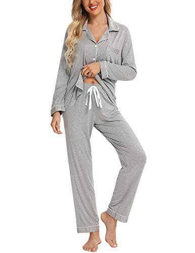 Samring Womens Pajamas Set Classic Long Sleeve Button Down Sleepwear 2 Piece Soft Cozy Sleepwear Loungewear Light Grey L - Image 1