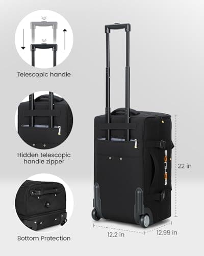 Ponhog 22 Inch Rolling Duffle Bag with Wheels for Men - Water Resistant Wheeled Duffle Bag for Weekend Travel & Overnight Trips, Black - Thumbnail 4