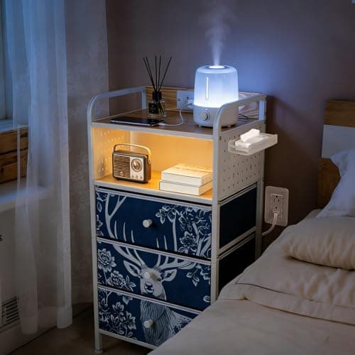 YCY Night Stand with Charging Station, LED Nightstand with USB Ports and Outlets, Metal Frame Side Table with 3 Fabric Storage Drawers, End Table for Bedrooms Living Room,White and Blue - Image 1