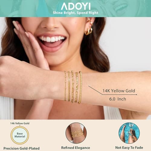 adoyi Gold Bracelets for Women, 14K Gold Plated Stackable Bracelet Stack Set Adjustable Charm Paperclip Chain Cuban Link Layered Waterproof Jewelry Sets Gifts for Womens 6.0 Inch - Thumbnail 5
