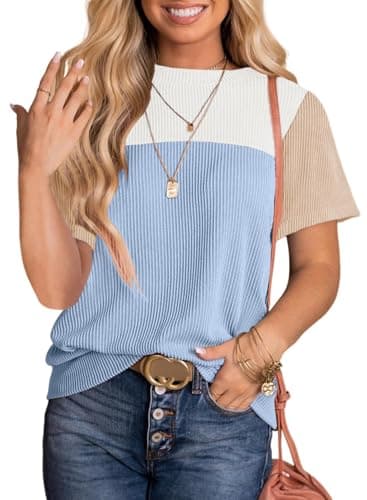 BLENCOT Womens Spring Tops Summer Shirts Colorblock Crewneck Short Sleeve Blouse Casual Loose Fit Junior Cute Going Out Cute Outfits Tunic White Blue XX-Large - Image 1