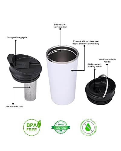 GiNT 17oz Travel Mug with Infuser and Two Lids. Vacuum Insulated 316 Stainless Steel Coffee Mug. Dishwasher Safe Mug with Tea Strainer for Hot and Cold Brew Coffee or Tea(White) - Thumbnail 4