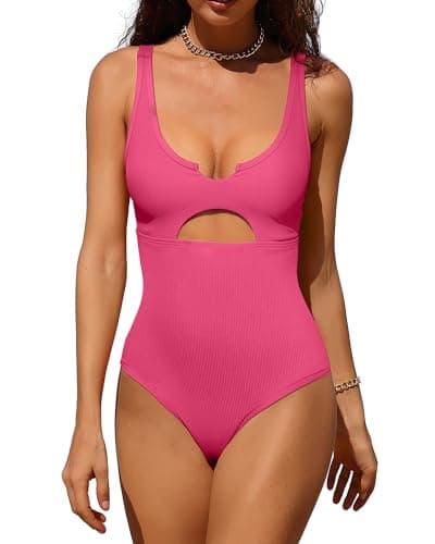 Charmo Ribbed One Piece Swimsuit for Women Cutout High Waist Bathing Suits Slimming 1 Piece Swimwear Fuchsia L - Image 1