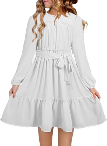 blibean Tween Girls Fall Dresees Kids Girl Long Sleeve Dress Spring Elegant Semi Formal Holiday Wedding Guest Outfits Vestido Niña Size 6-7 Years White - Image 1