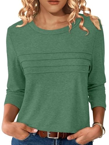 NORACORA 3/4 Sleeve Tops for Women T Shirts Dressy Casual Spring Fall Outfits Pleated Front Shirts Round Neck Casual Tunic Basic Tee Tops Green L - Image 1