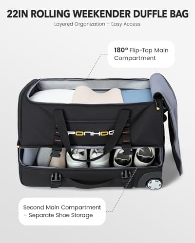 Ponhog 22 Inch Rolling Duffle Bag with Wheels for Men - Water Resistant Wheeled Duffle Bag for Weekend Travel & Overnight Trips, Black - Thumbnail 2