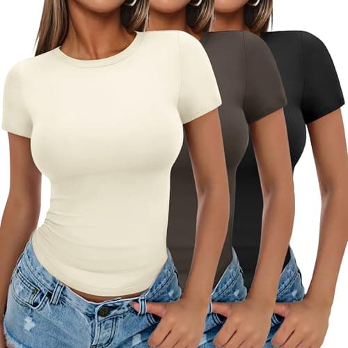 Ekouaer Women Short Sleeve Tops Trendy Summer Shirts Casual Basic Tees Black/Brown/Beige XXL - Image 1