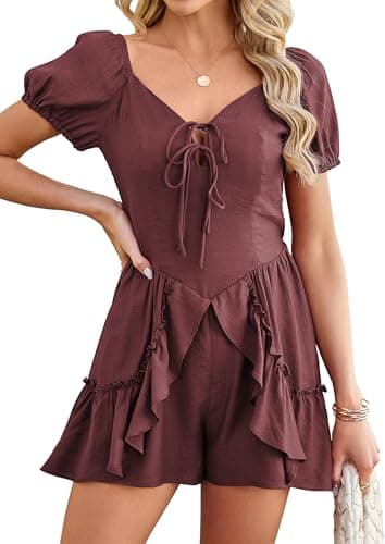 ECOWISH Women Summer Short Romper Puff Short Sleeve Tie Front V Neck Ruffle Cute Rompers Dress Outfits with Pockets Bean Paste X-Large - Image 1