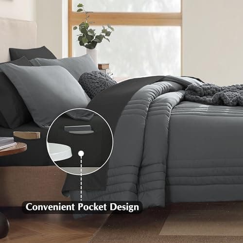 Monbix California King Size Comforter Set - 7 Pieces Bed in a Bag California King, Grey Bedding Sets with Comforter, All Seasons Comforter Bed Set with Sheets, Pillowcases & Shams - Thumbnail 4
