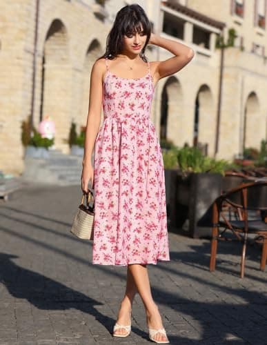 Belle Poque Pink Floral Dress for Women 2026 Summer Sleeveless Midi Sun Dresses A-line Beach Elegant Sundresses Medium - Thumbnail 2