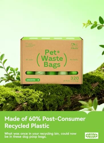 Pikoto Dog Poop Bags Rolls, 320 Count (20 Refills) - 60% Recycled Plastic Unscented - Leak Proof, Extra Thick Waste Bag with Easy-Peel Sticker (Green) - Thumbnail 5