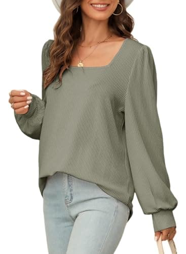 Dokotoo Womens Shirts Fall Casual Long Sleeve Square Neck Solid Pullover Ladies Waffle Striped Knitted Sweatshirt Womens Clothes Autumn Winter Tunic Blouses Green Large - Image 1