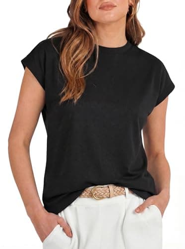 GRECERELLE Womens Black Summer Tops Cap Sleeve Casual Basic Tee Shirts Loose Crew Neck Tank Top Trendy Clothes, L - Image 1