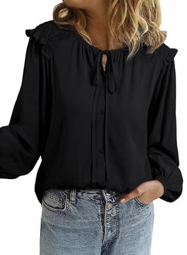 Dokotoo Women Blouses Fashion Summer Ruffle Round Neck Button Down Shirts Work Tops for Women Trendy Smocked Boho Tops Elegant School Outfits for Teachers Women's Clothing Black Medium - Thumbnail 3