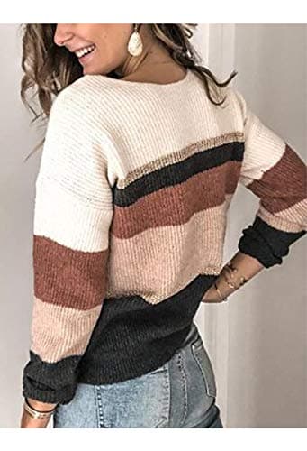 Angashion Women's Sweaters Casual Long Sleeve Crewneck Color Block Patchwork Pullover Knit Sweater Tops 2077 Wine Red M - Thumbnail 6