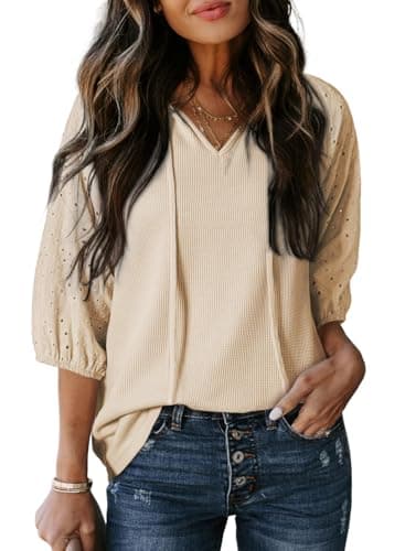 Dokotoo Spring Tops for Women Embroidered Hollow Out 3/4 Length Puff Sleeve Waffle Knit Tops for Women Vacation Outfits Lightweight Solid Loose Fit Summer Womens Blouses Dressy Casual Apricot Small - Image 1