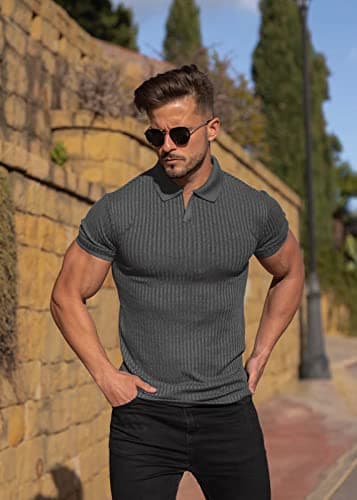 Collared Muscle Shirts for Men Ribbed Knit Slim Fit Polo Shirts Short Sleeve, Mens V Neck T Shirts Casual Stylish Dark Grey - Thumbnail 5