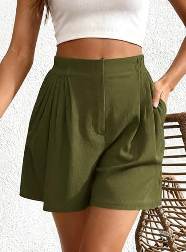 BTFBM Womens Shorts Casual 2026 Spring Summer Elastic High Waisted Pleated Cotton Shorts Beach Vacation Outfits Pockets(Army Green, Small) - Thumbnail 4