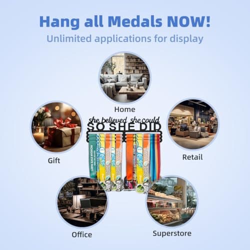 Dafftos She Believed She Could So She Did Medal Hanger Ribbon Holder Display Wall Mounted Steel Rack Organizer Frame Awards Cheer Gymnastics Soccer Softball Runner Sports Easy to Install - Thumbnail 5