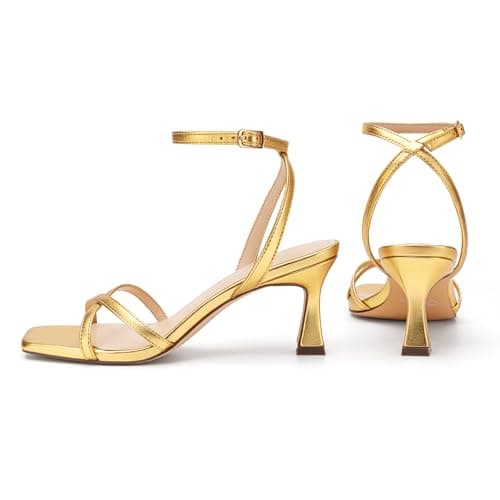 Athlefit Gold Kitten Heels for Women Square Open Toe Strappy Heeled Sandals Ankle Strap Party Dress High Heels for Prom Wedding Size 5.5 - Thumbnail 6