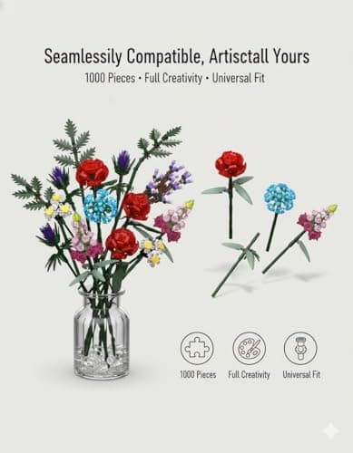 Dexblocks 1000 Pcs Flower Bouquet Building Kit,Artificial Flower Bouquet Kit for Adults, Botanical Collection Home Decor, for Women and Girls,Anniversaries and Christmas Ideal Gift - Thumbnail 2