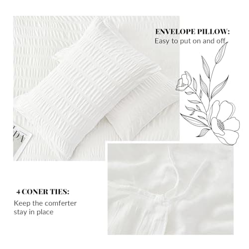 DCSKY White Duvet Cover King Size, Ultra Soft 3-Piece Boho Seersucker Duvet Cover Set with Zipper Closure, Soft Washed Microfiber Bedding Set (104"x90", 2 Pillowshams) - Thumbnail 6
