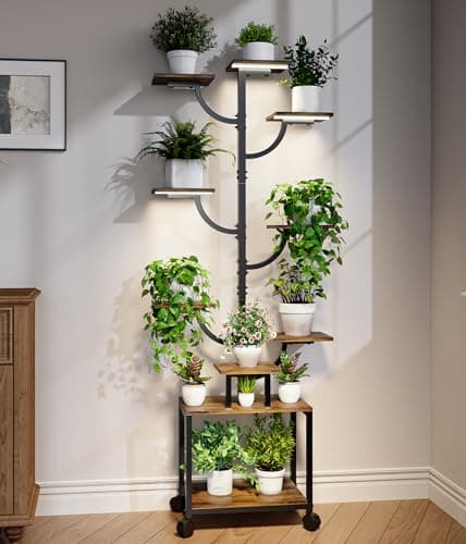 Plant Stand Indoor with Grow Lights - 9-Tier Plant Stand with Wheels, Tall Metal and Wood Indoor Plant Shelf with Tree Design, Rolling Flower Pot Holder Rack with Waterproof Finish, Adjustable Display Stand for Home Garden, Patio, 62" Tall - Image 1