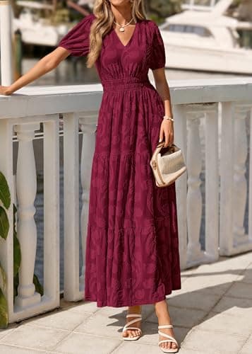 KIRUNDO Womens Boho Maxi Dress Summer Short Sleeve V Neck Floral Flowy A Line Formal Wedding Guest Baby Shower Long Dresses(Burgundy, Medium) - Thumbnail 4