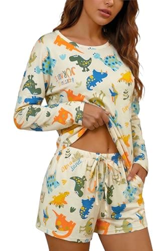 LovinPet Pajamas for Women Set, Womens Pajama Set with Pockets, Dinosaur Print Long Sleeve Top and Shorts, Matching Loungewear Sleepwear, Adjustable Drawstring Waist, Orange, 2XL - Image 1