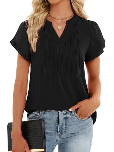 Funlingo Blouses for Women Dressy Casual Ruffle Short Sleeve Black Tops Spring Trendy V Neck Tunic Work Shirt for Business Office 2XL - Thumbnail 2