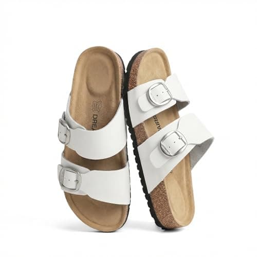 DREAM PAIRS Women's Slides Soft Genuine Footbed Sandals Comfortable Adjustable Double Buckle Slip-on Flat Sandals with Arch Support Frame Dual Slippers for Summer 2026,Size 8,White,SDSS26004W - Image 1