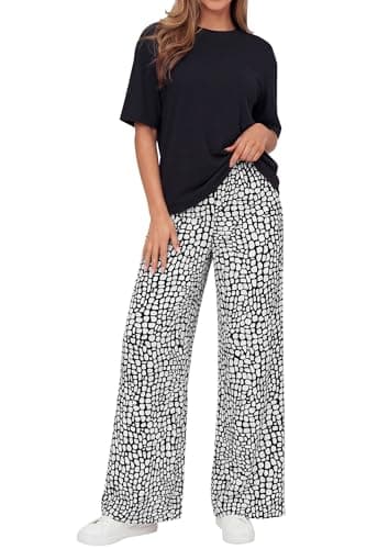 PRETTYGARDEN Women's 2 Piece Lounge Sets Summer Casual Short Sleeve Tops Leopard Flowy Pants Pajamas Vacation Travel Outfits (Black Stone Flower,S) - Image 1