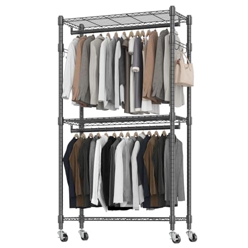BATHWA Heavy Duty Garment Racks,35.5" D x 16.5" W x 80.7" H, Rolling Clothes Rack with Shelves Wheels 2 Rods for Shirt Clothing Hanging Tall Wardrobe Closet Multifuctional for Bedroom Laundry balcony - Image 1