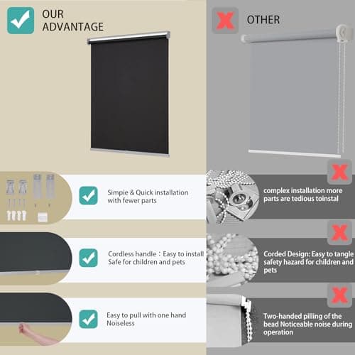 Changshade 100%Blackout Roller Shades for Windows，Room Darkening Thermal Insulated Pull Down Window Blinds, Cordless Free-Stop Shade，Easy Install UV Protection Door Blind for Home，Black,25" W x 72" H - Thumbnail 3