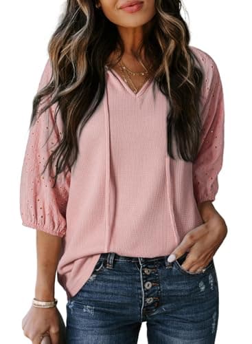 Dokotoo 3/4 Sleeve Shirts for Women Trendy Tie Front V Neck Womens Boho Tops Casual Waffle Knit Blouse Summer Embroidered Hollow Out Sleeve Tunic Tops for Women Loose Fit Dressy Gossamer Pink X-Large - Image 1