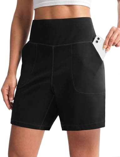 Cyasundent Women's Athletic Shorts with Zipper Pocket 6" High Waisted Bermuda Shorts for Women Workout Walking Running(Black_S) - Image 1