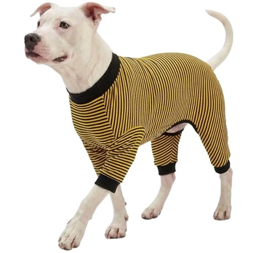 LovinPet Dog PJS Clothes for Giant Dogs, Pitbull Pure Cotton Yellow and Black Stripe Dog Shirt, 4-Legged Design, Full Body Coverage, Pajamas for Pitbulls, Onesies for Dogs, 2XL - Image 1