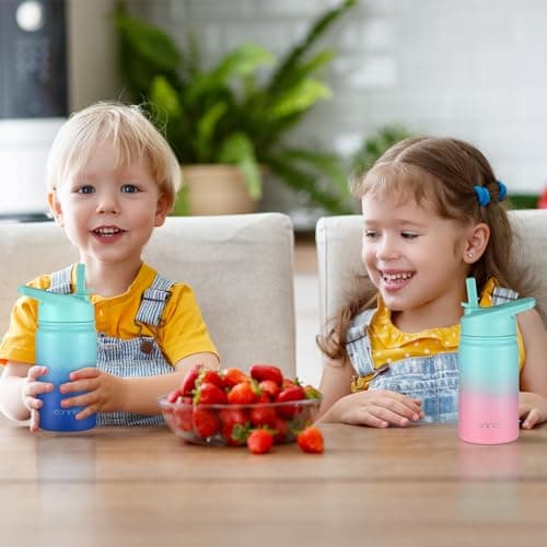 mininoo Insulated Kids Water Bottle, 12 oz Stainless Steel Water Bottle Kids with Straw Lid and Chug Lid for Girls, Boys (Punch/Purple) - Thumbnail 6