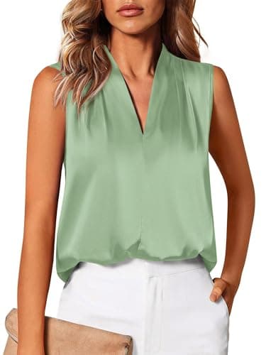 BTFBM Tank Top for Women 2026 Summer Spring Silk Satin V Neck Pleated Sleeveless Work Blouses Business Casual Outfits(Sage Green, X-Large) - Image 1