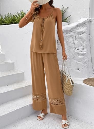 Dokotoo Matching Sets Women Clothing Summer Casual Spaghetti Strap Tank Tops and Wide Leg Lace Pants Set with Pockets Going Out Resort Wear Brown Small - Thumbnail 6