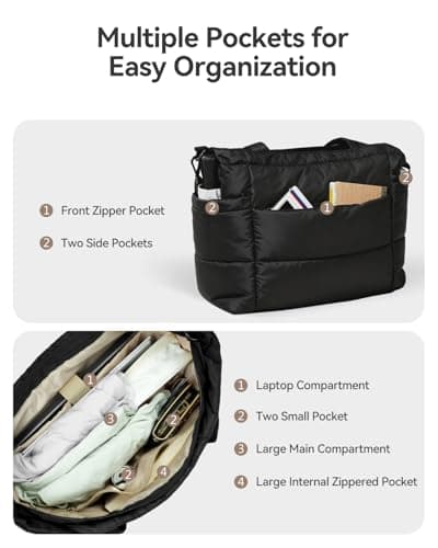 Moyad Puffy Tote Bag for Women with Zipper, Lightweight Quilted Bag Shoulder Handbag for Work, Travel, Gym, Nurse, Teacher - Black - Thumbnail 5