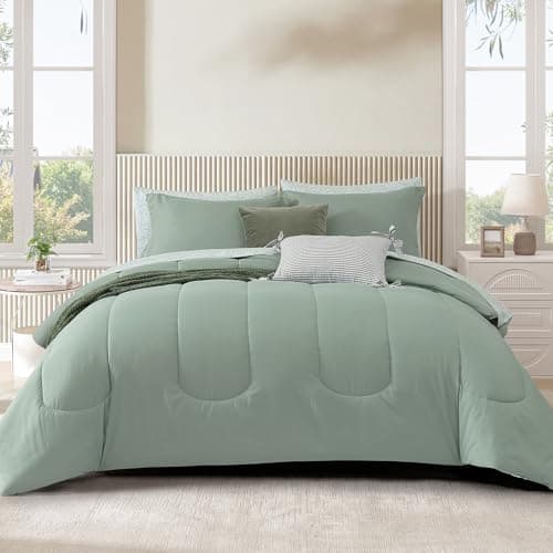 Monbix Full Comforter Set - 7 Pieces Sage Green Bed in a Bag Full Size Track Stitching Bedding Sets, All Seasons Comforter with Sheets,Pillowcases & Shams