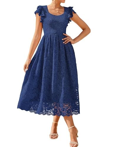 GRACE KARIN Womens Summer Maxi Dress 2026 Formal Wedding Guest V Neck Dresses Ruffle Sleeve Smocked Lace Long Sundress Navy Blue M - Image 1